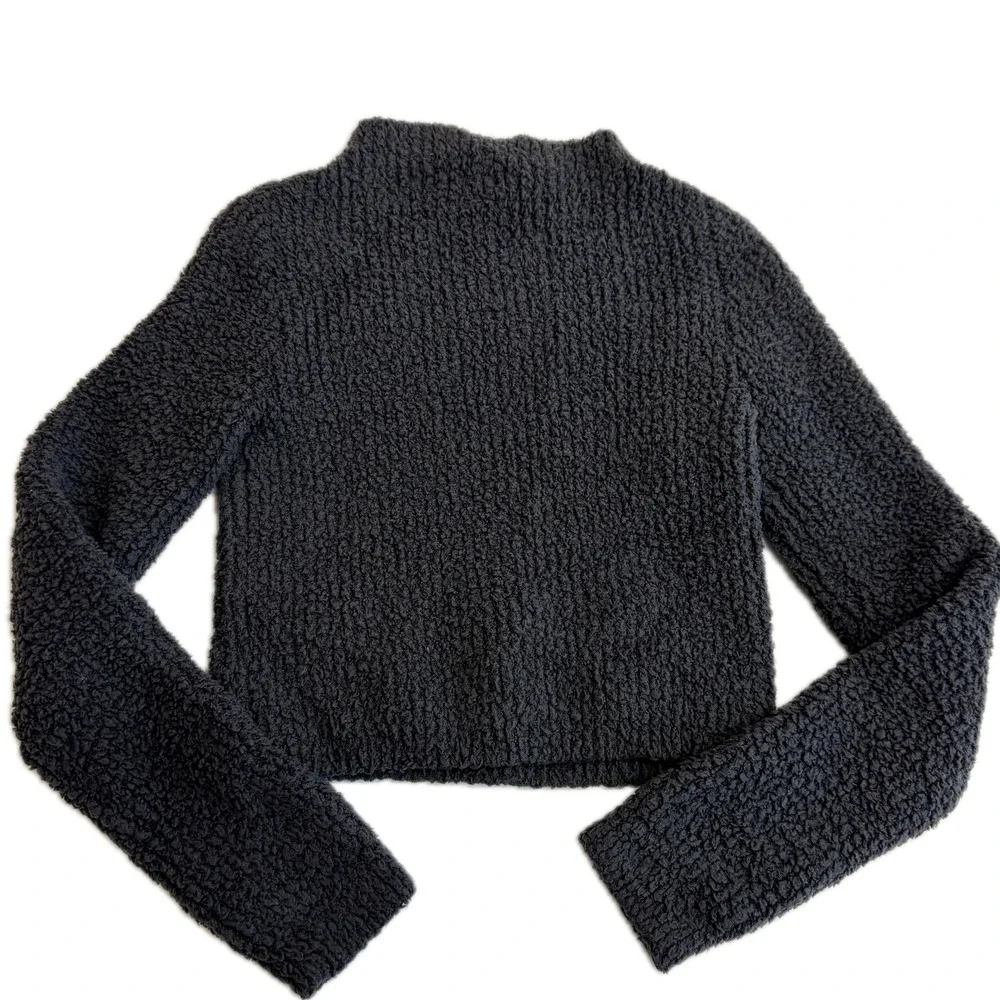 Aerie‎ Sweater Womens XS Black Grey Fuzzy Sherpa Cropped Mock Neck Gorpcore